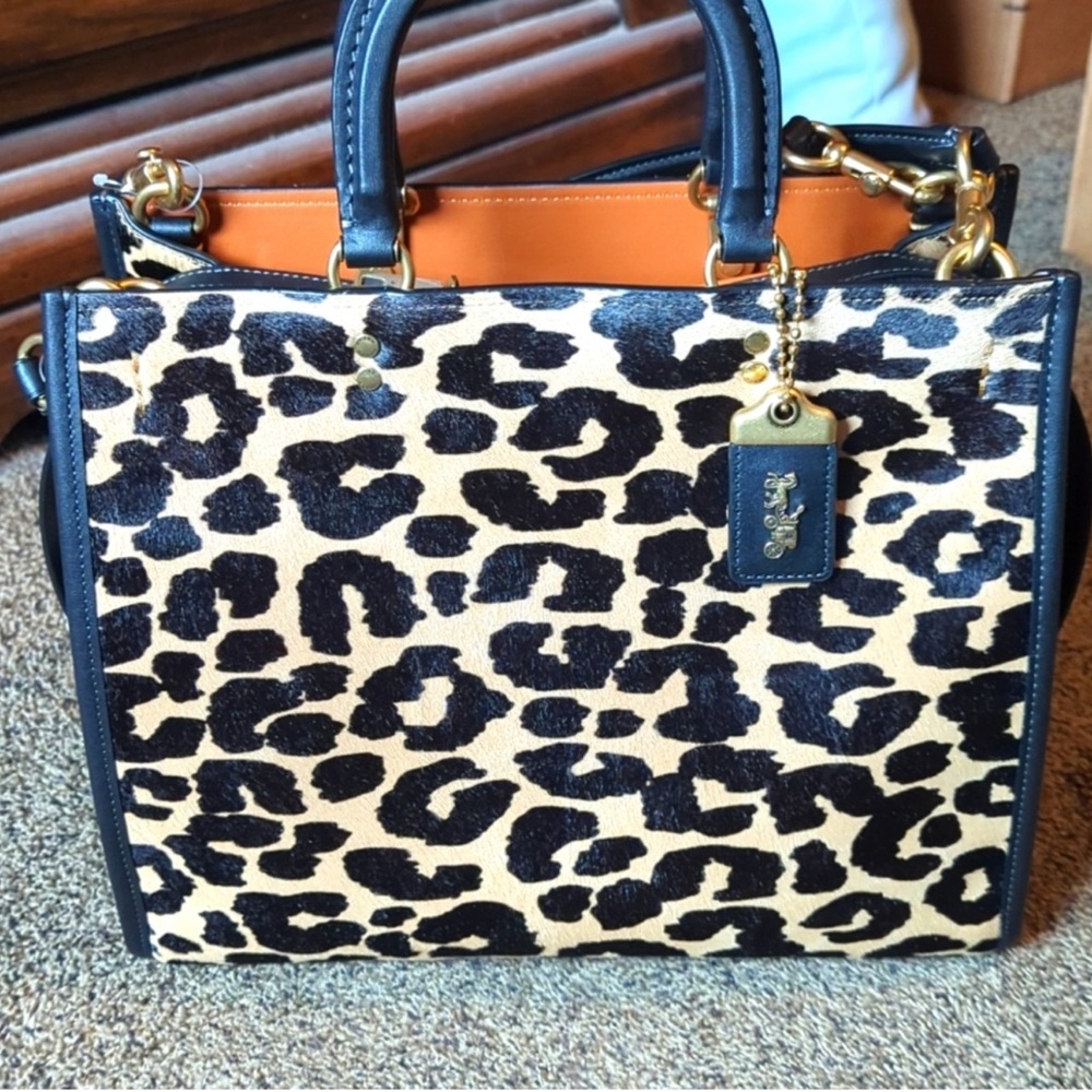 Coach Rogue Black and Tan Leopard Print Satchel